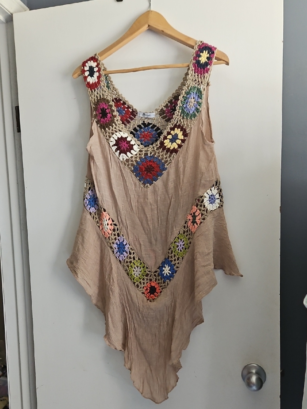 Boho Crochet Accent Tunic Top in Beige Ptp Max 20